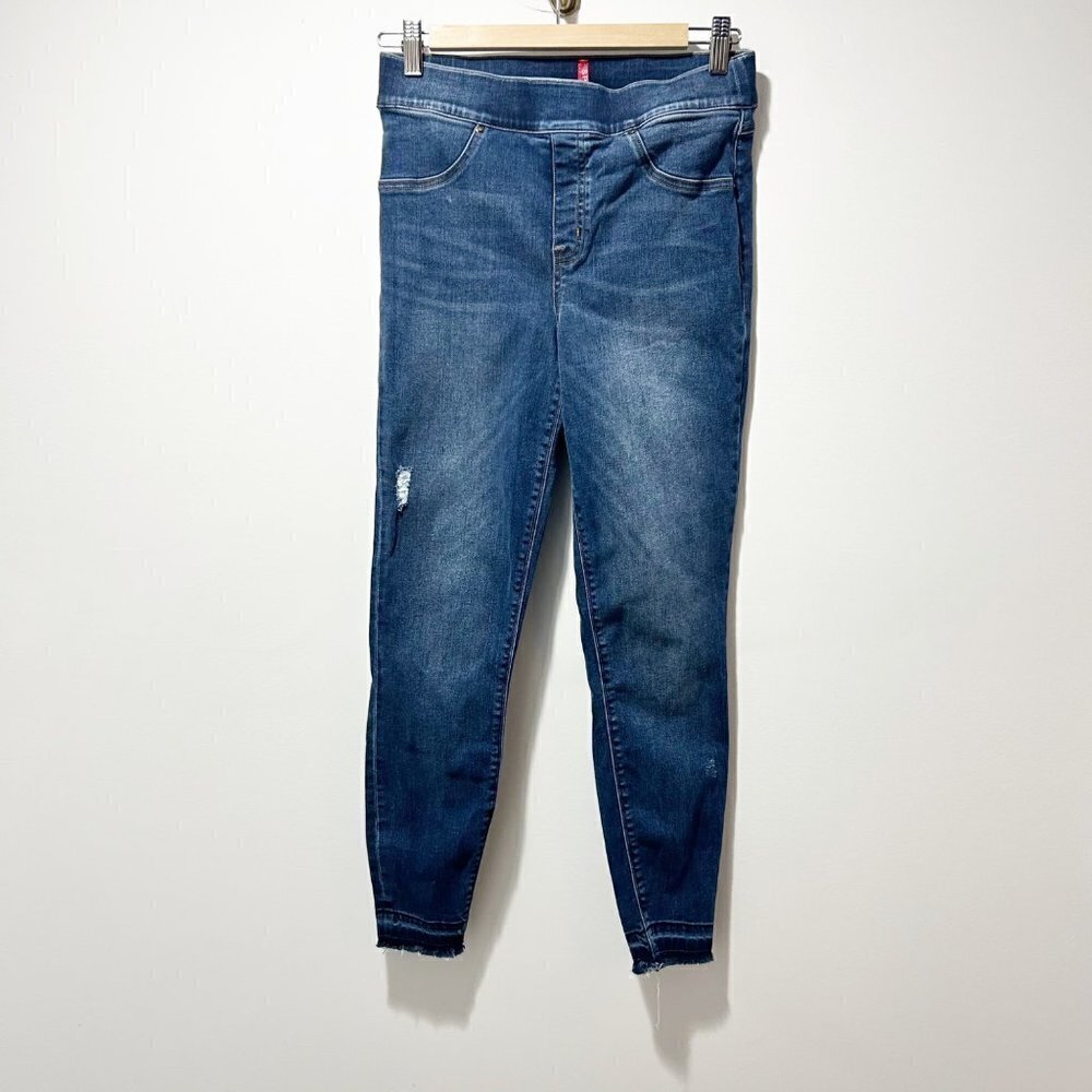 🌷Sale Spanx Distressed Ankle Skinny Jeans Size Medium Medium Wash Released Hem - Picture 2 of 14